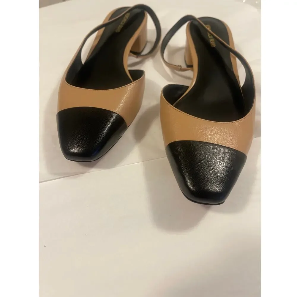Veronica Beard Cecile Leather Slingback Ballerina Flats in Bisque / Black